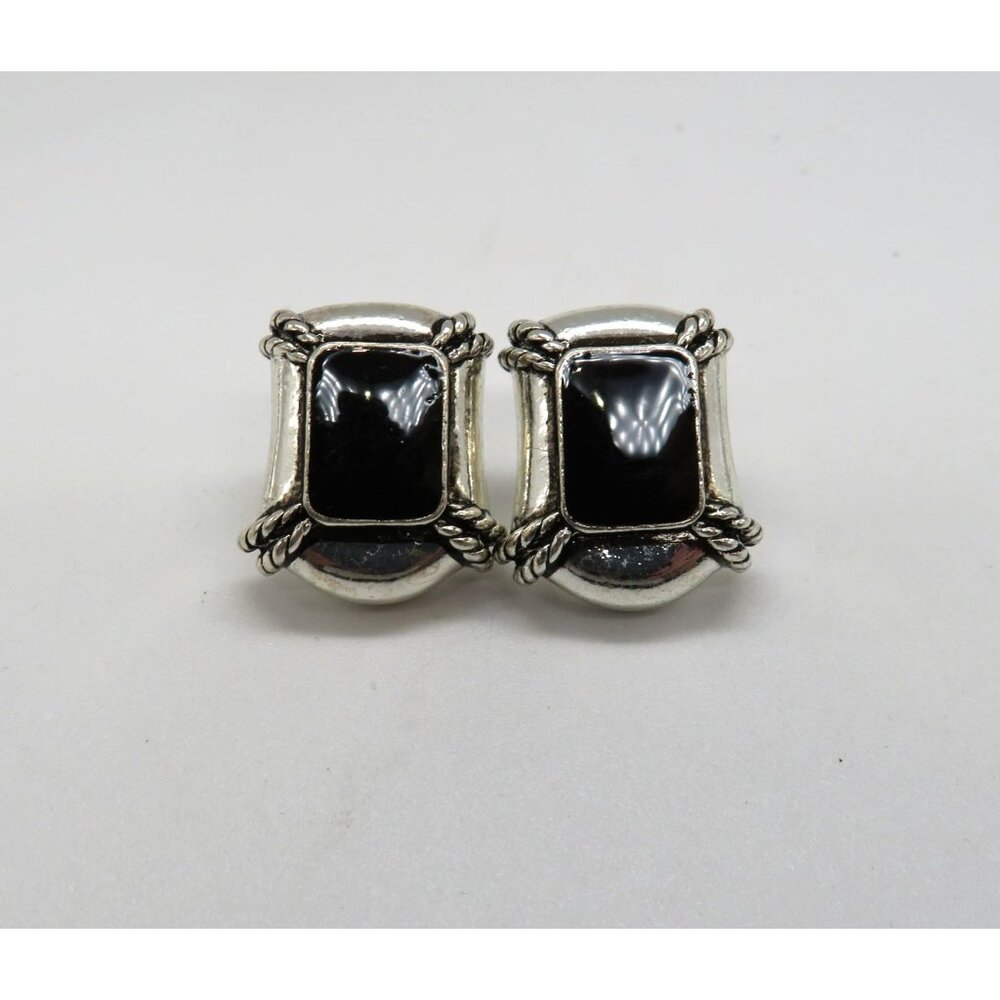 Avon‎ Earrings Vintage Silver Tone Pierced Stud Black Enamel Center Rope Design - Picture 2 of 10